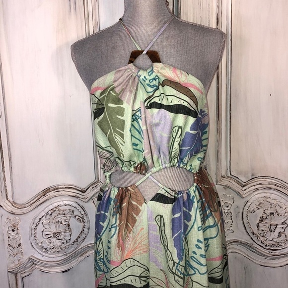 ASOS Peekaboo Waist Vacation Beachy Luau Textured Tropical Print Maxi Dress S/8 - Picture 1 of 12